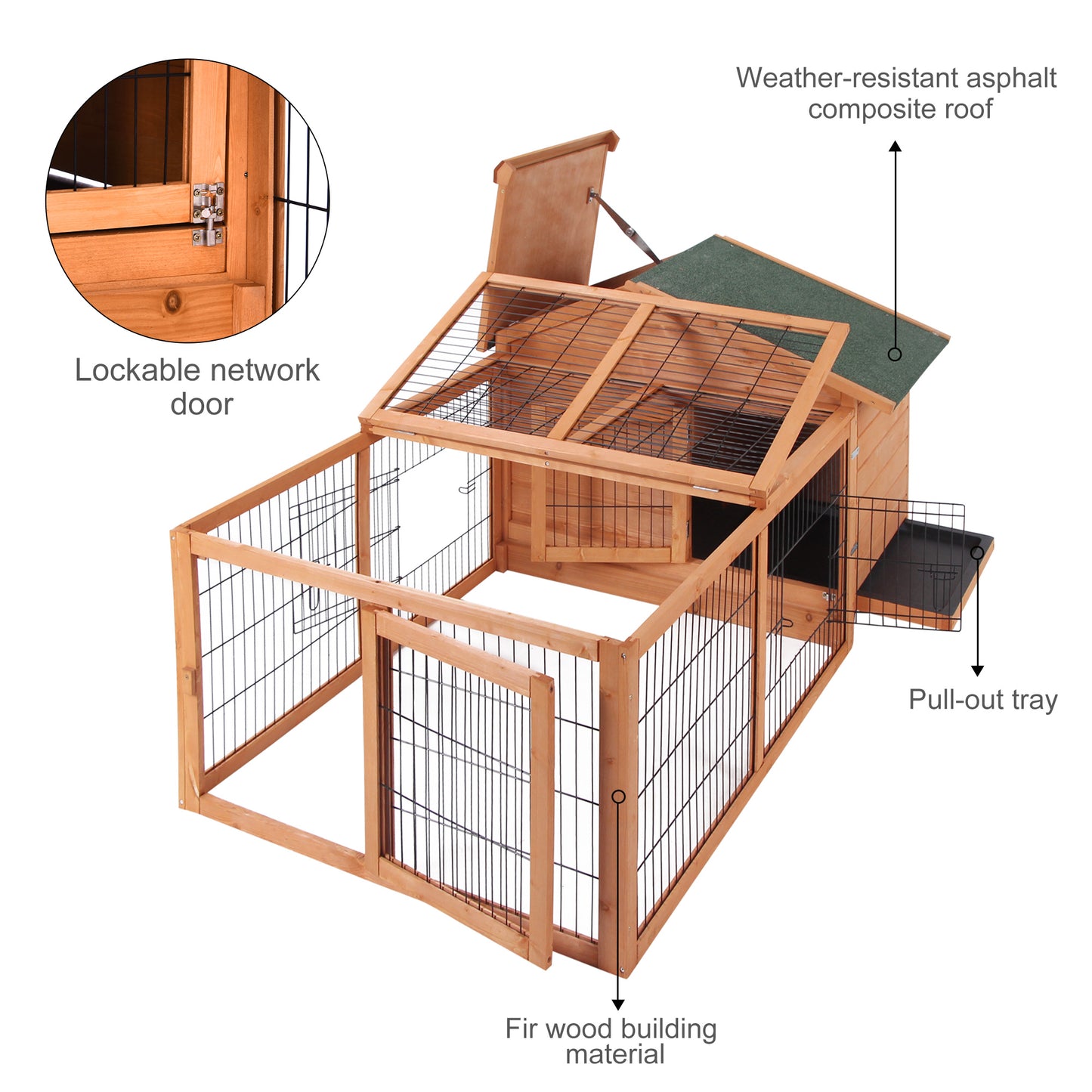 PawHut Wooden Guinea Pigs Hutches Detachable Rabbit Cage Pet House with Openable Run & Roof Slide-out Tray