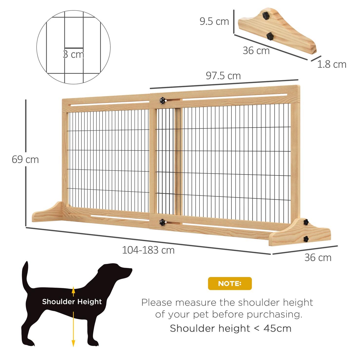 PawHut Adjustable Wooden Pet Gate, Freestanding Dog Barrier Fence with 2 Panels for Doorway, Hallway, 69H x 104-183 cm, Natural