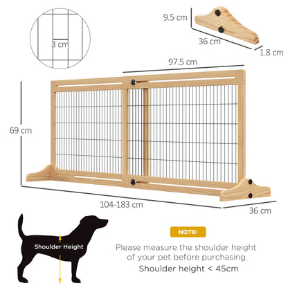 PawHut Adjustable Wooden Pet Gate, Freestanding Dog Barrier Fence with 2 Panels for Doorway, Hallway, 69H x 104-183 cm, Natural