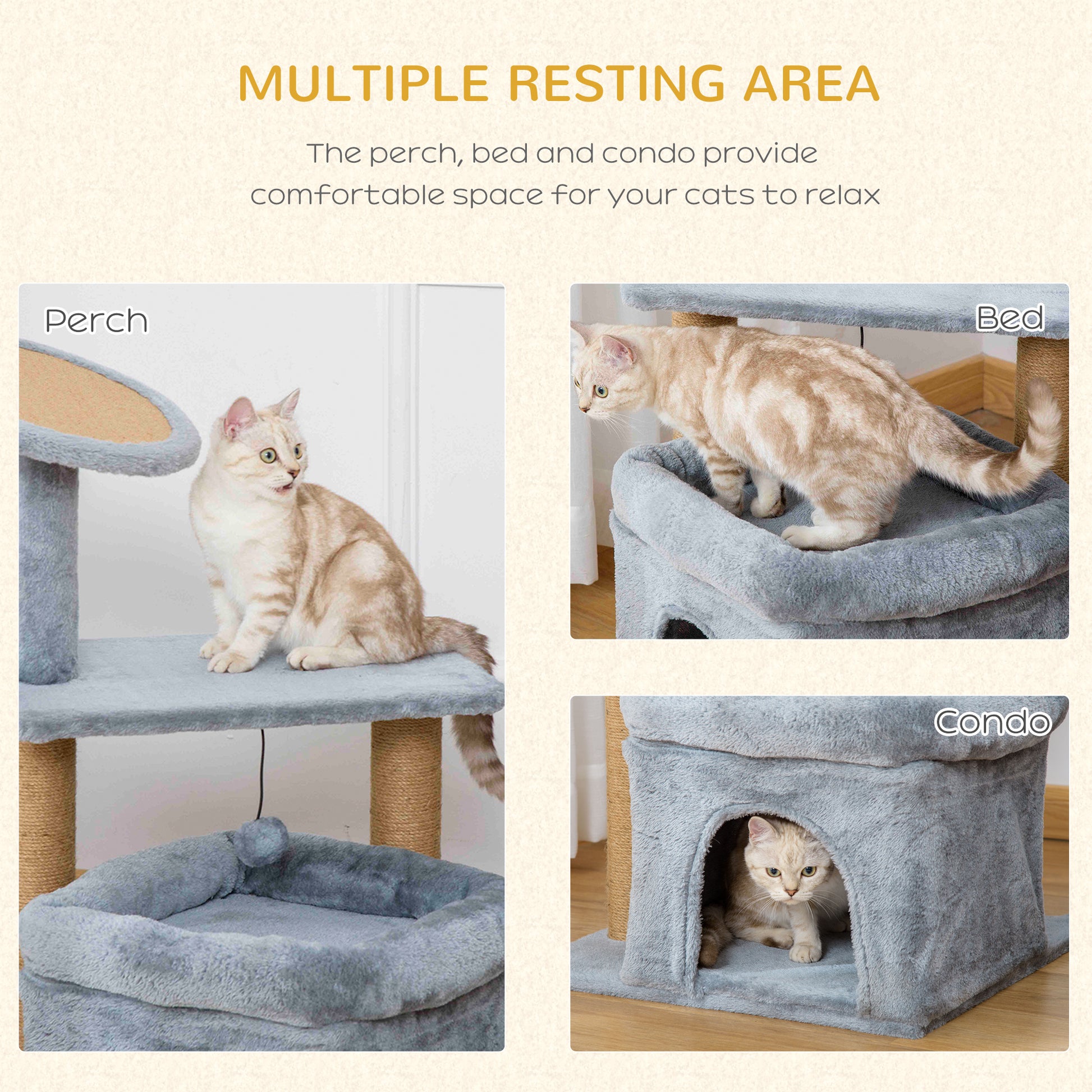 PawHut Cat Tree Tower Kitten Activity Center with Scratching Posts Pad Condo Perch Bed Interactive Ball Toy 48 x 48 x 84cm, Grey