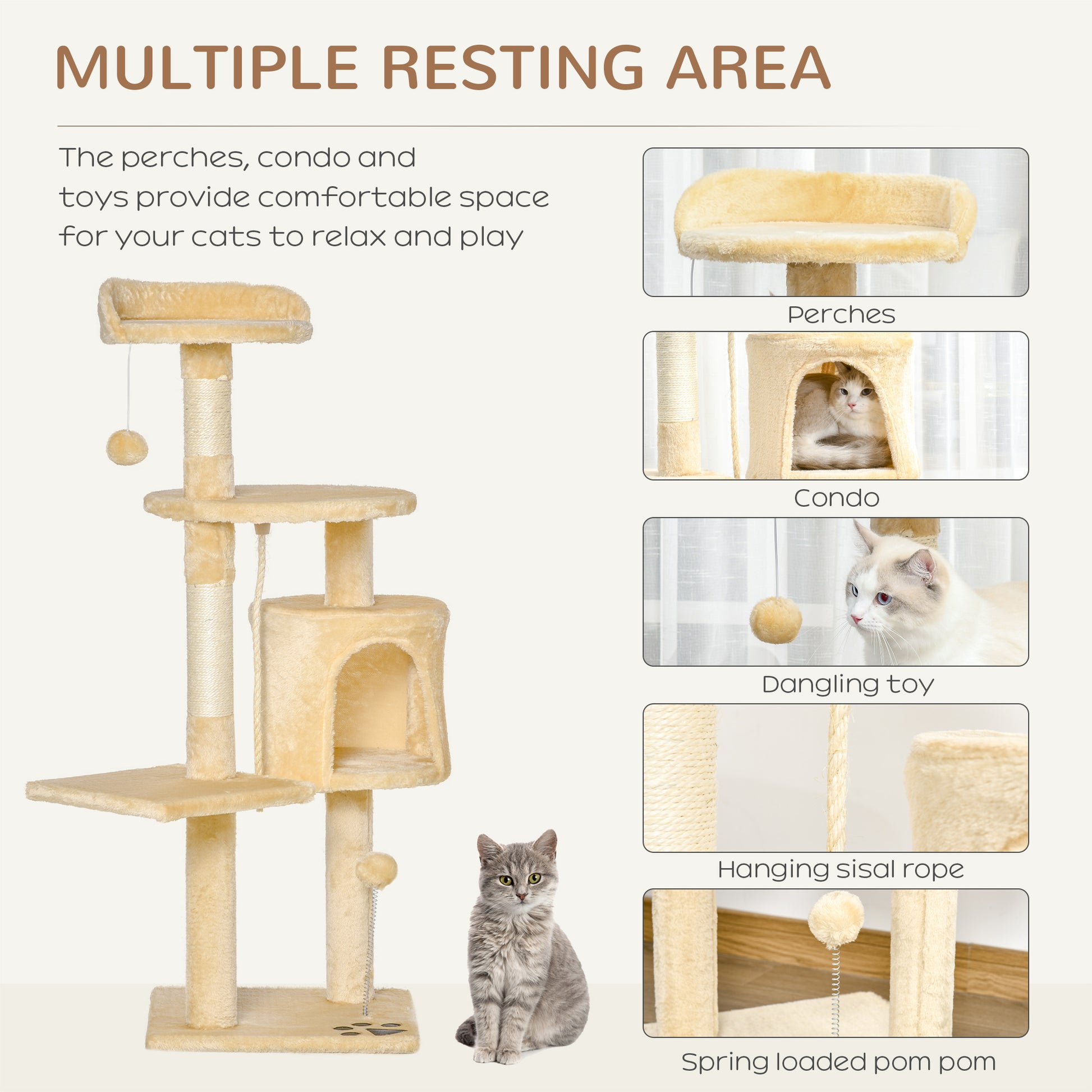 PawHut Cat Tree House, 114H cm-Beige