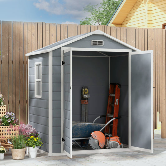 outsunny-6x4-5-garden-storage-shed-lockable-garden-shed-with-double-doors-window-vent-and-plastic-roof-grey