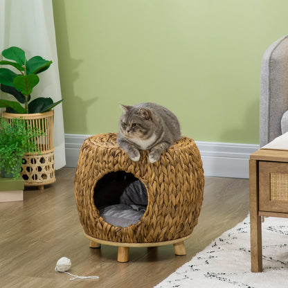 PawHut Wicker Cat Cave/House Stool with Soft Washable Cushion,Rattan Kitten Bed for Outdoor & Indoor Use? 44 x 43 x 41cm