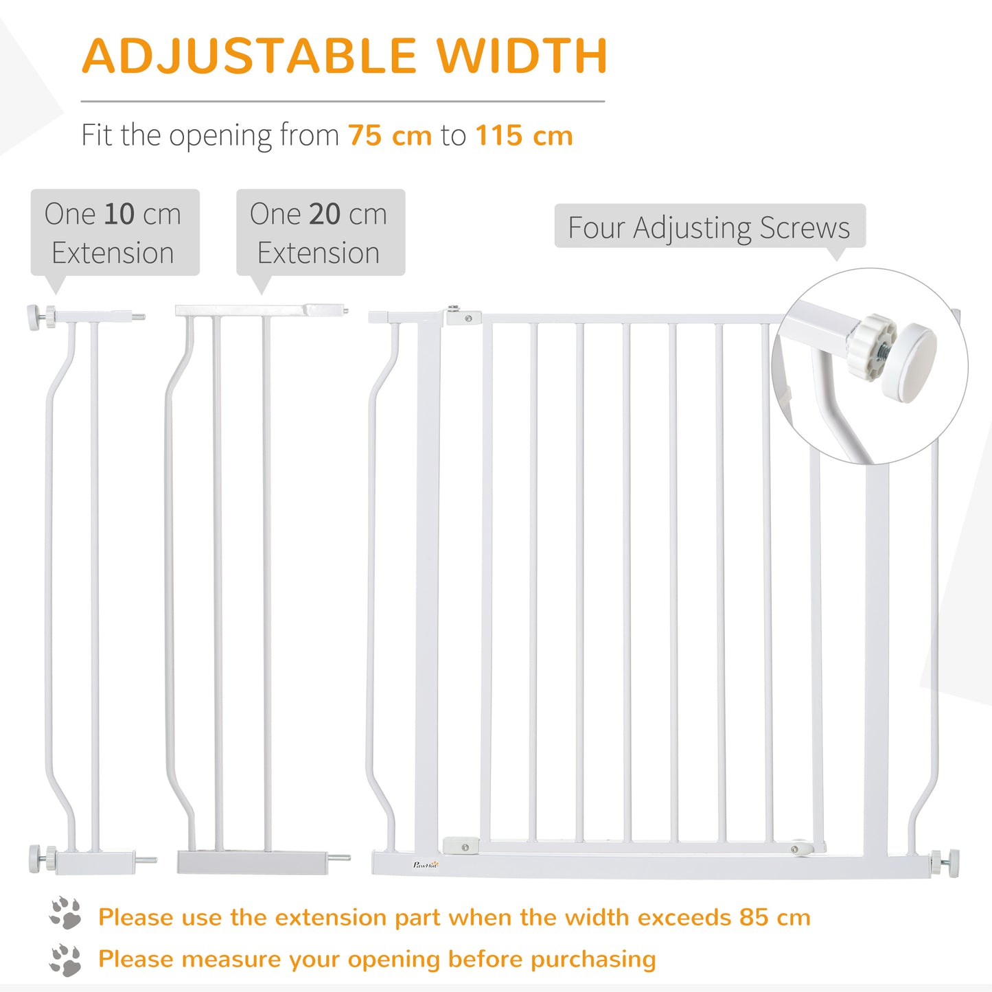 PawHut Expandable Dog Gate with Door pressure,75-115cm Doorway Pet Barrier Fence for Hallways, Staircases, White