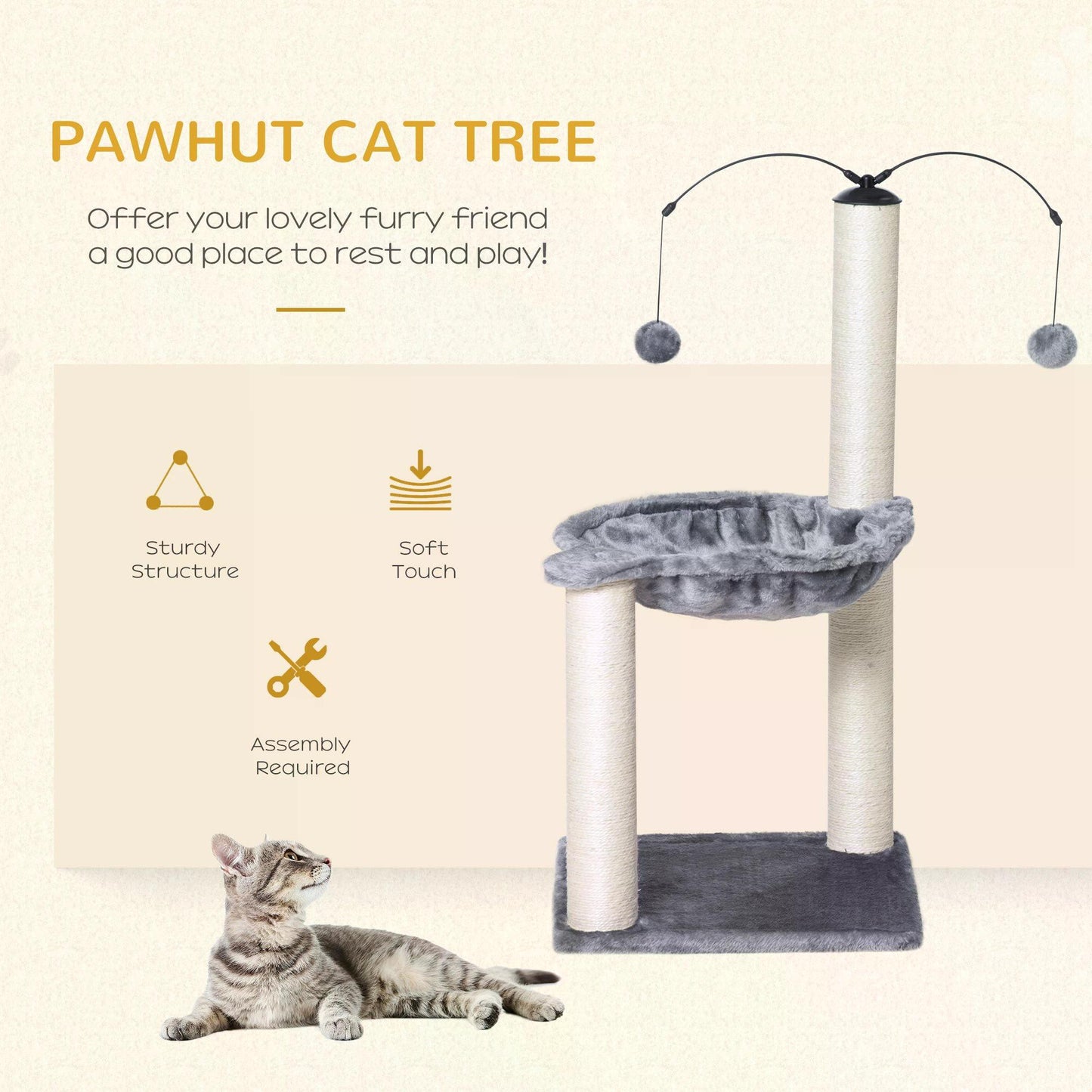 PawHut 83cm Cat Tree Tower with Sisal Scratching Post Hammock Interactive Ball Toy Kitten Play House Activity Center Furniture Grey