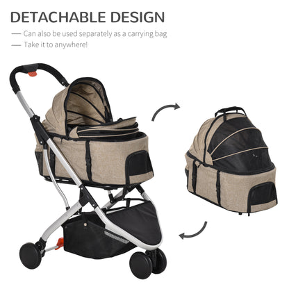 PawHut Pet Stroller Detachable Dog Pushchair 2-In-1 Foldable Cat Travel Carriage w/ Carrying Bag for XS Pets, Light Brown