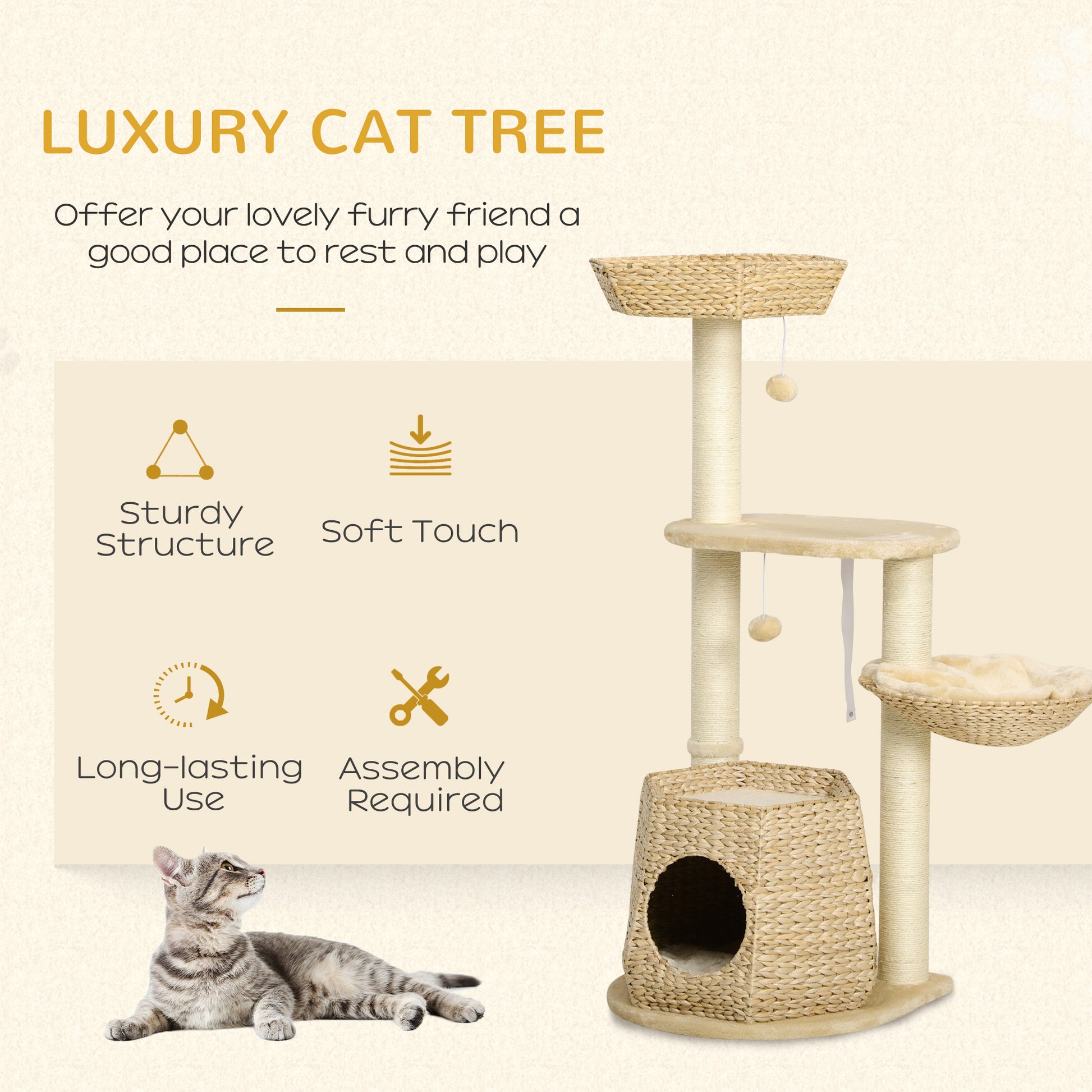 PawHut Cat Tree Tower, Climbing Activity Centre, Kitten Furniture w/ Cattail, Bed, House, Sisal Post, Hanging Ball, Natural Tone