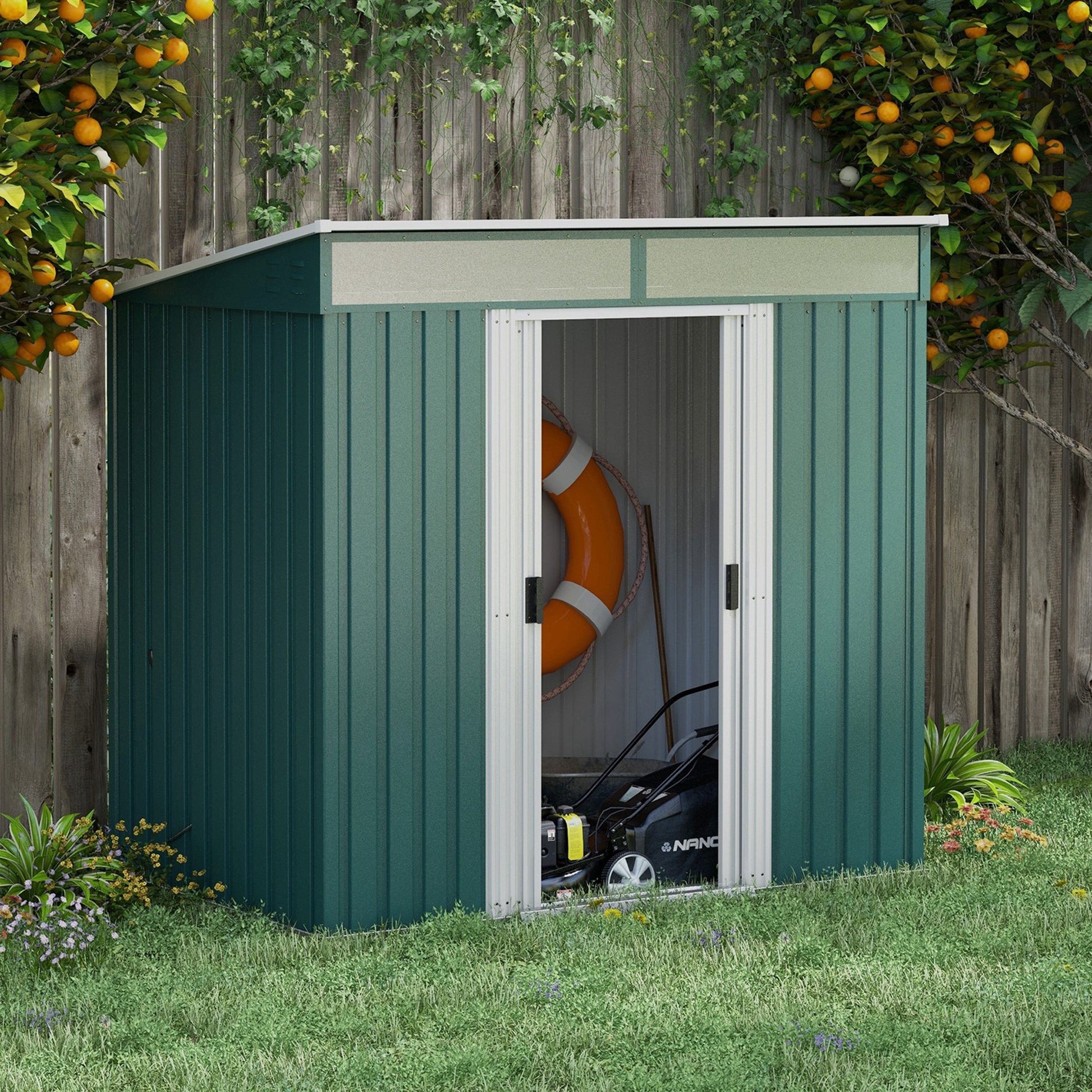 outsunny-6-5-x-4ft-galvanised-metal-shed-with-foundation-lockable-tool-garden-shed-with-double-sliding-doors-and-2-vents-green