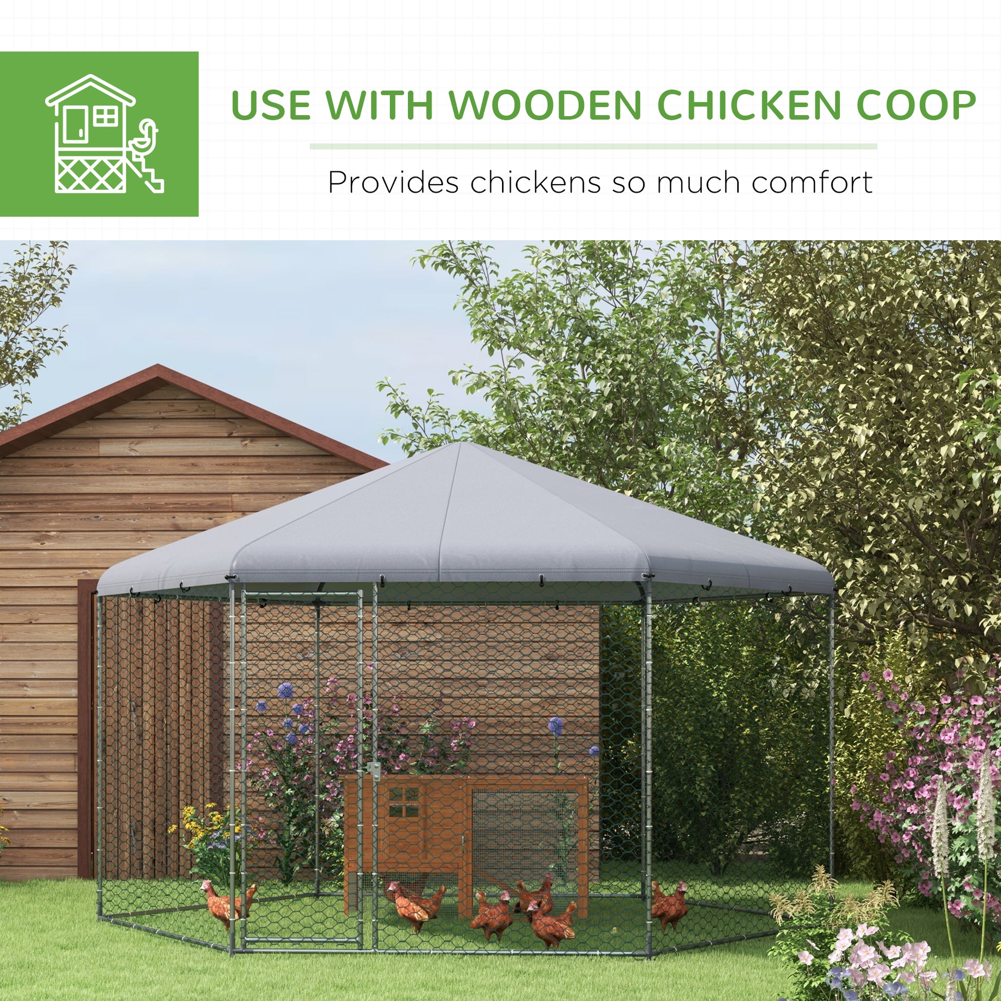 PawHut 4 x 3.5 x 2.6m Chicken Coop for 10-15 Chickens, Hens, Rabbits, Ducks, Outdoor Garden Chicken Run