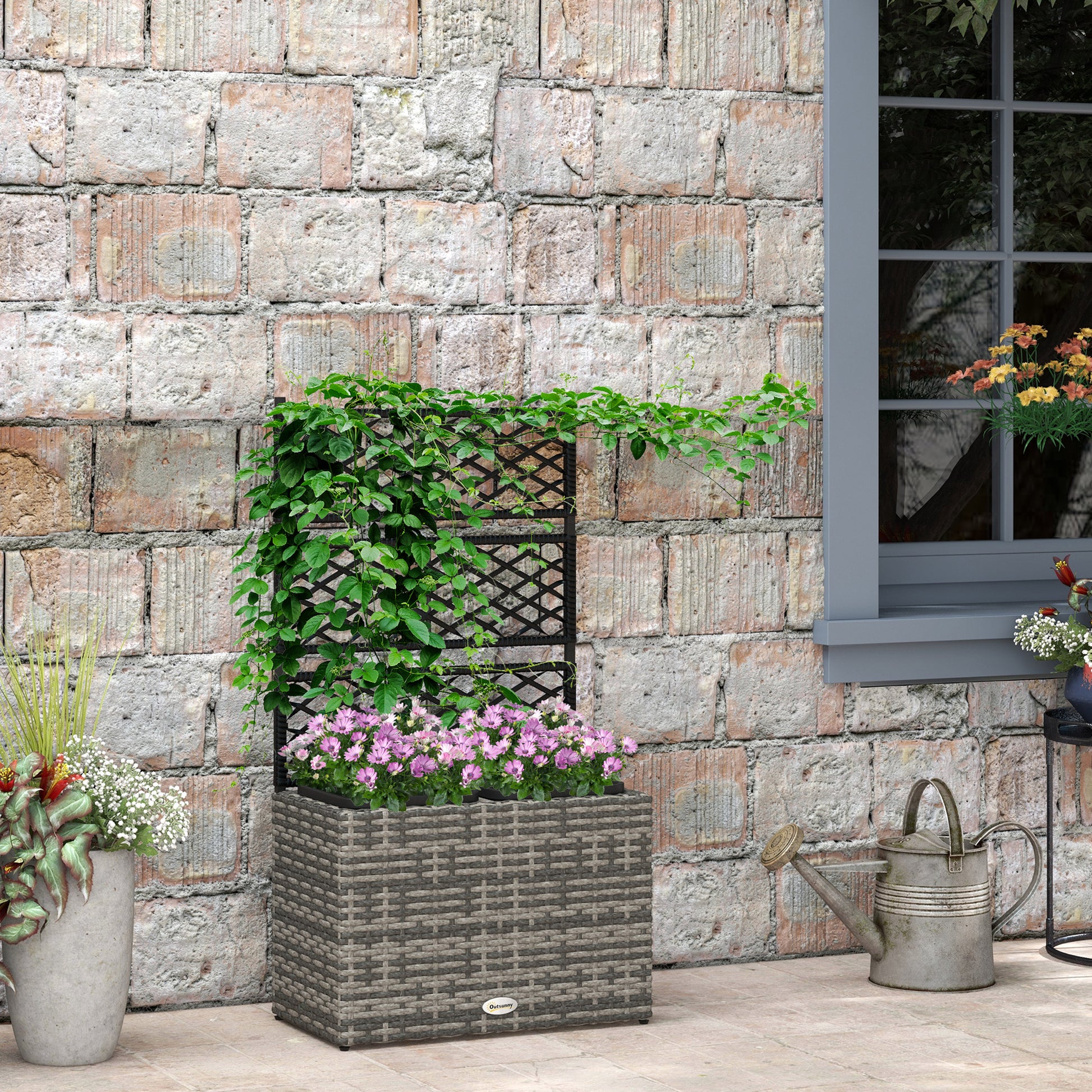 outsunny-22l-garden-pe-rattan-planter-with-trellis-free-standing-flower-raised-bed-with-two-plant-boxes-for-garden-garden-planter-for-climbing-plants-57cm-x-30cm-x-107cm-mixed-grey