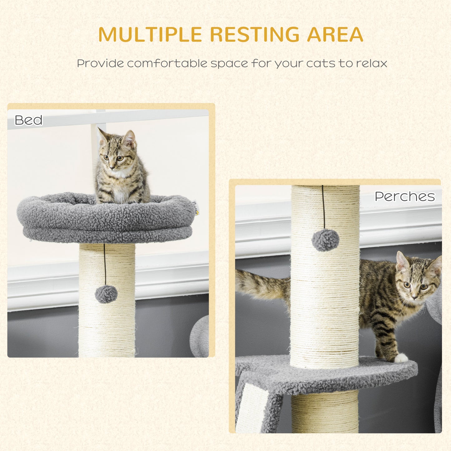 PawHut Cat Tree Cat Tower with Cat Scratching Posts, Pad, Bed, Toy Ball for Cats under 6 Kg, Dark Grey & Beige