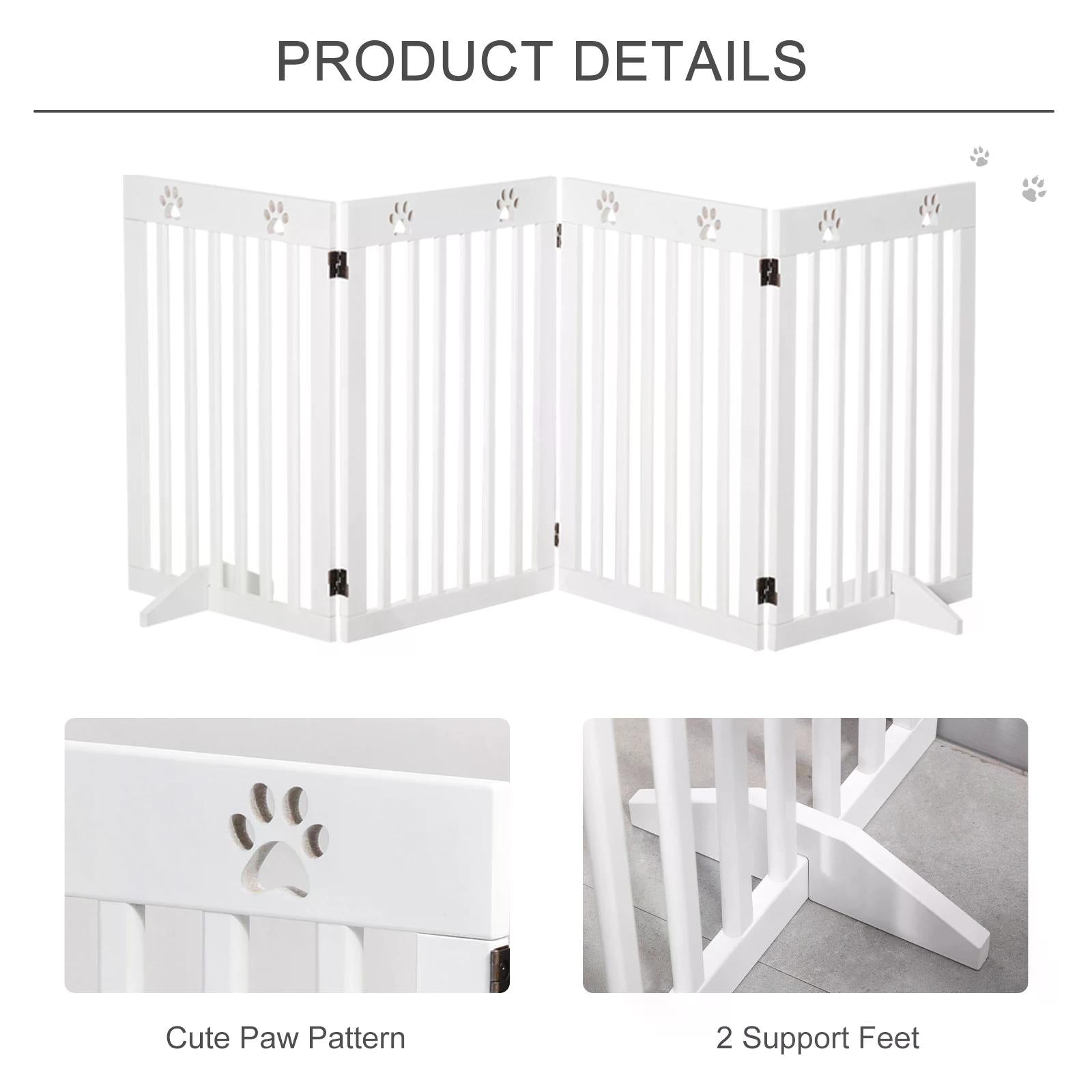 PawHut Pet Gate 4 Panel Wooden Foldable Fence Freestanding Dog Safety Barrier with 2 Support Feet for Doorways Stairs 80'' x 30'' White