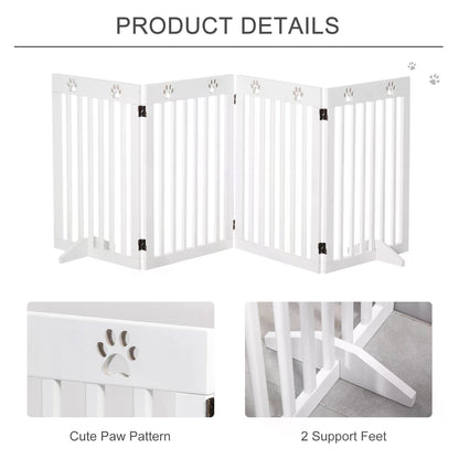 PawHut Pet Gate 4 Panel Wooden Foldable Fence Freestanding Dog Safety Barrier with 2 Support Feet for Doorways Stairs 80'' x 30'' White