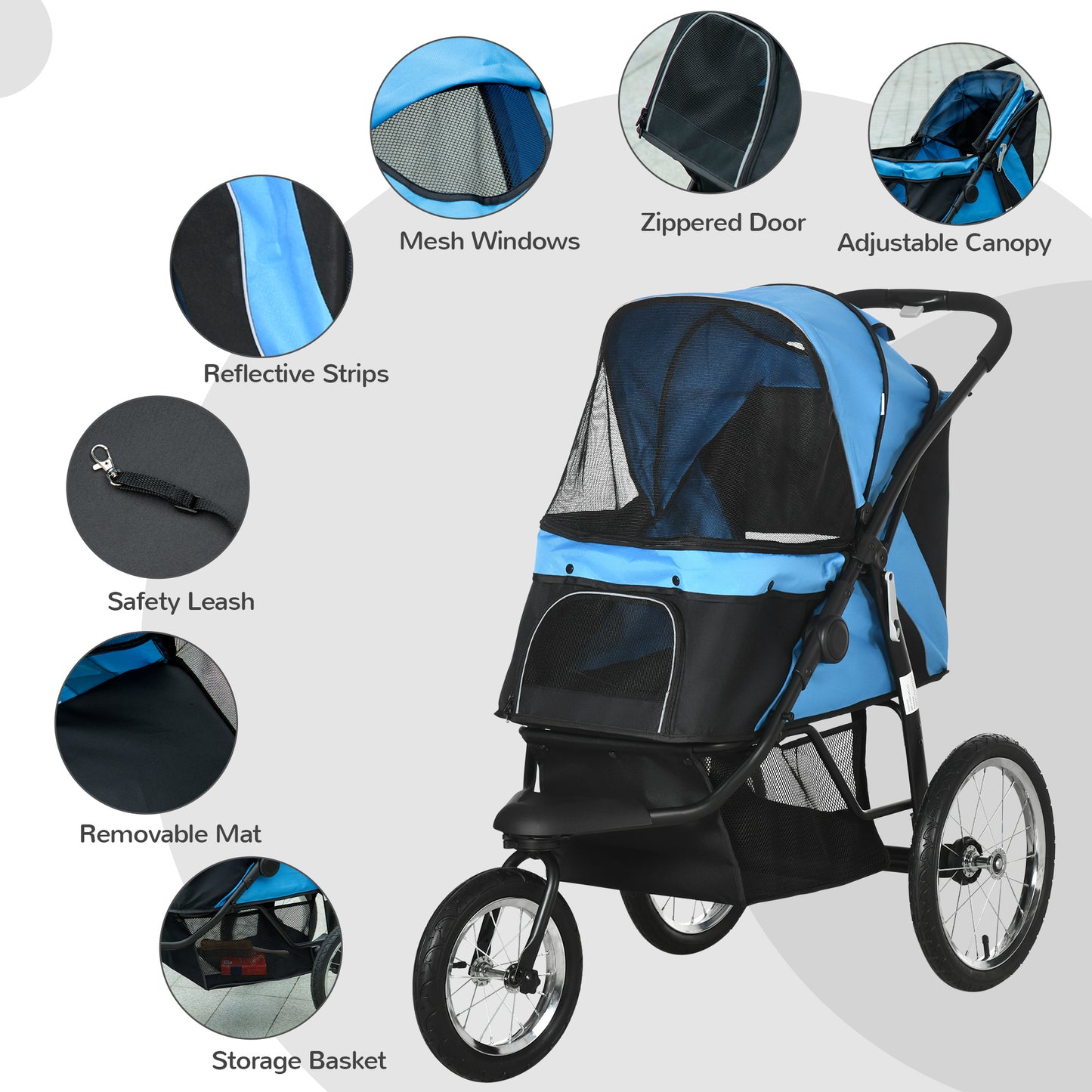 PawHut Pet Stroller Dog Pram Foldable Dog Pushchair Cat Travel Carriage w/ Adjustable Canopy, Wheels, for Medium Small Pets, Blue