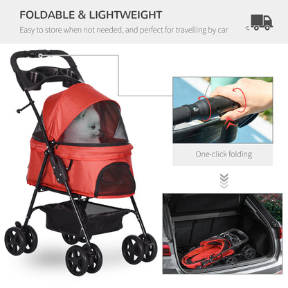 PawHut Pet Stroller No-Zip Dog Cat Travel Pushchair Fold Trolley Jogger with EVA Wheels Brake Basket Adjustable Canopy Safety Leash Red