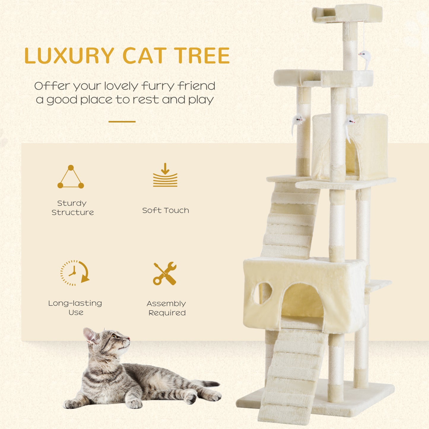 PawHut Cat Tower Centre Sisal Kitten Tree Scratch Scratcher Scratching Post Toy Climbing Tree Bed Multi Level 181cm(H)