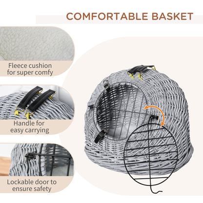 PawHut Cats Wicker Travel Carrier Basket w/ Plush Cushion Grey