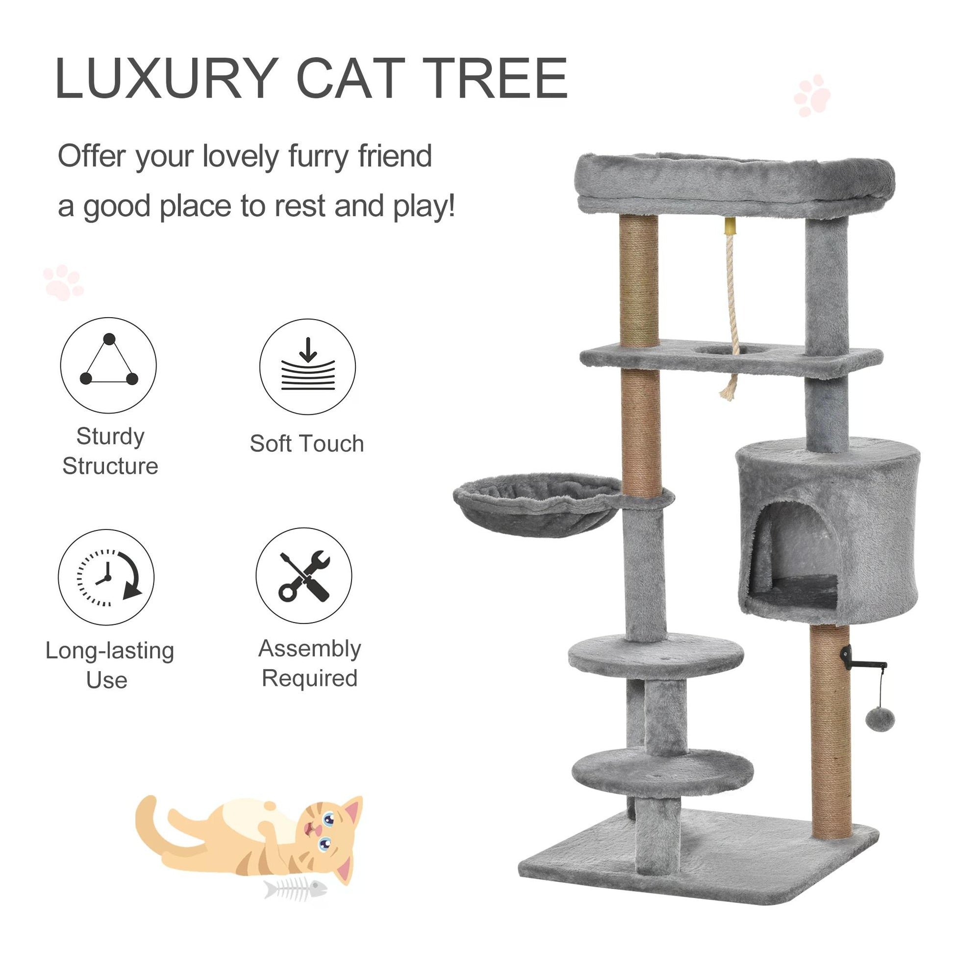 PawHut Cat Tree Cat Scratching Post 120cm with Jute Scratching Post Perch Hanging Ball Hammock Teasing Rope Condo Toy Light Grey