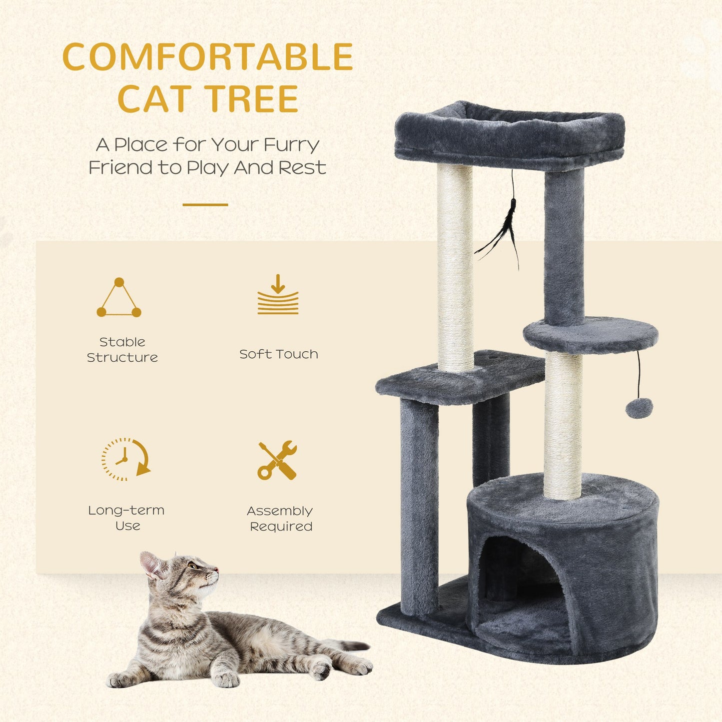 PawHut 100cm Cat Tree for Indoor Cats, Multi-Activity Cat Tower with Perch House Scratching Post Platform Play Ball Rest Relax, Grey and White