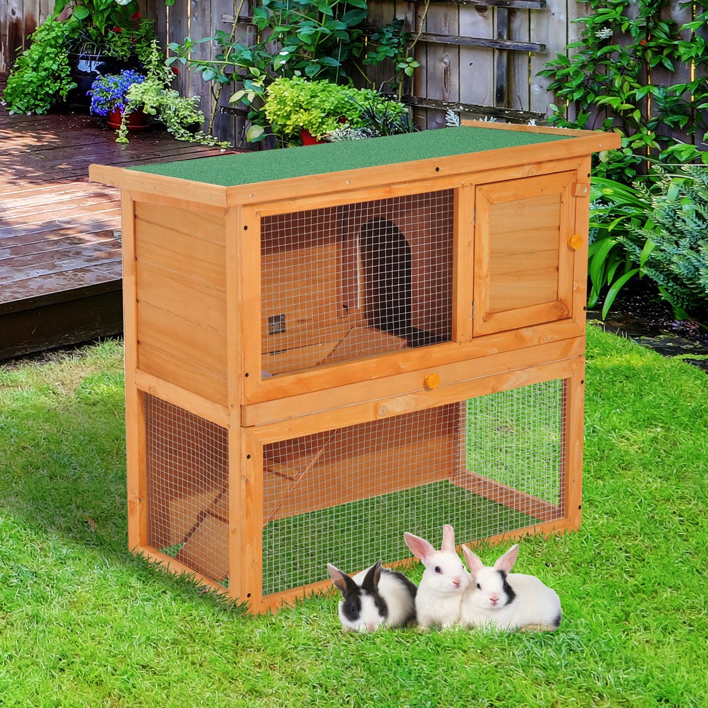 Pawhut Wooden  90cm 2 Tiers Rabbit Hutch 