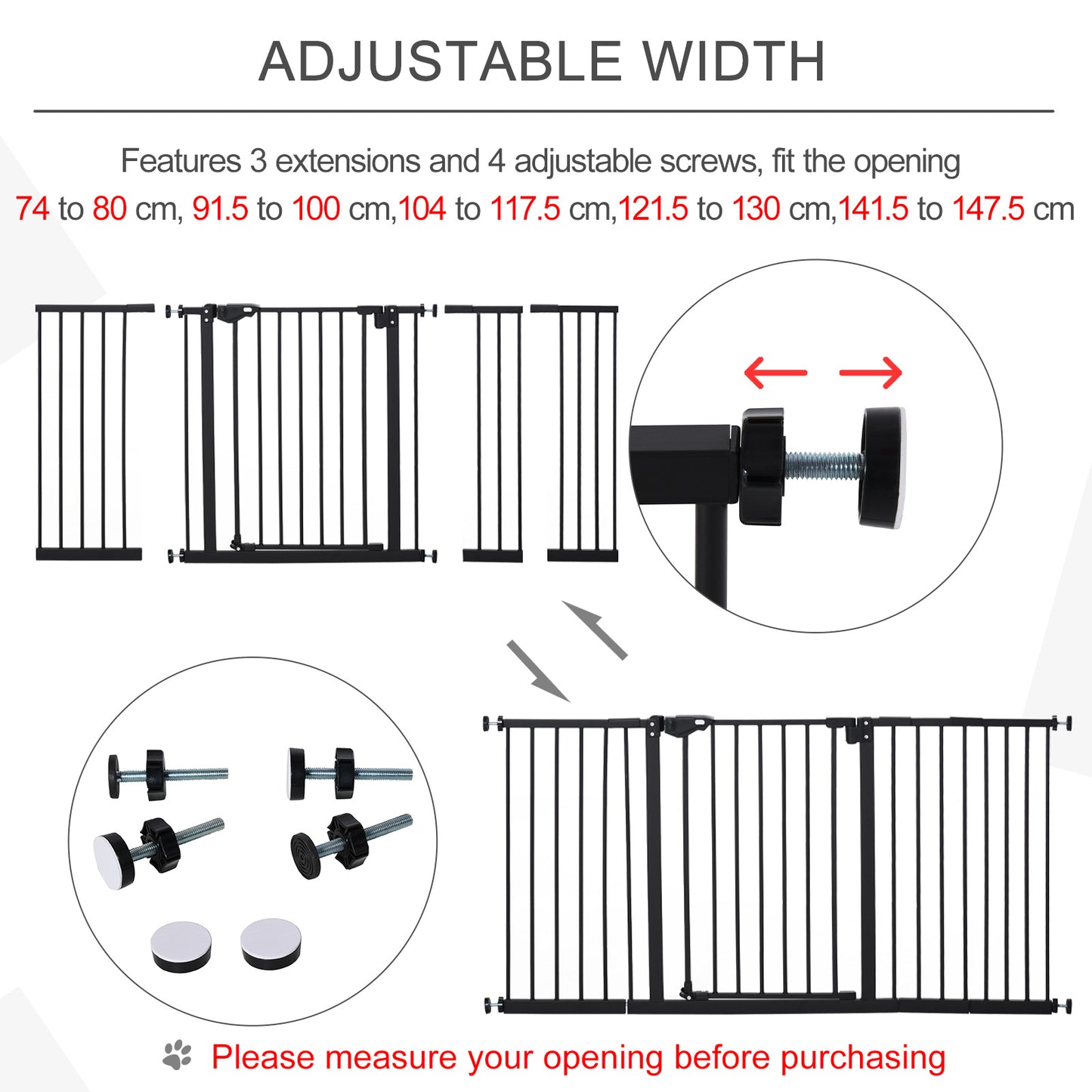 PawHut Retractable Pet Safety Gate Dog Barrier Home Doorway Corridors Room Divider Stair with 3 Extensions and Adjustable Screws Black 76.2 x 152.3 cm