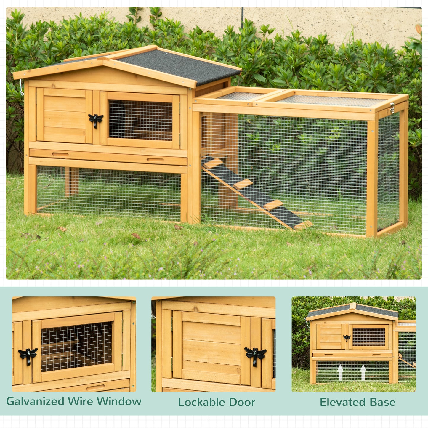 PawHut 2 Level Wooden Rabbit Bunny Guinea Pig Hutch w/ Outdoor Run Water Resistant Roof Pull out Tray Ramp 150 x 52.5 x 68 cm, Yellow