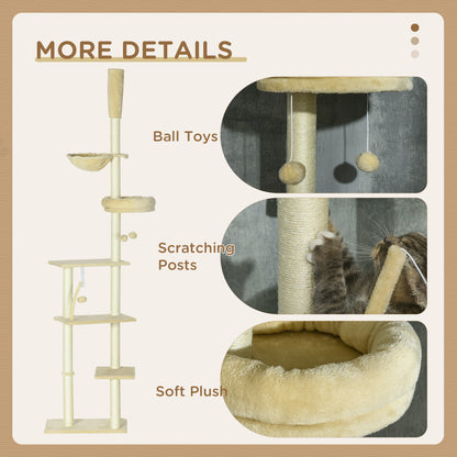 PawHut Floor to Ceiling Cat Tree, 6-Tier Play Tower Climbing Activity Center w/ Scratching Post, Platforms, Adjustable Height, Beige