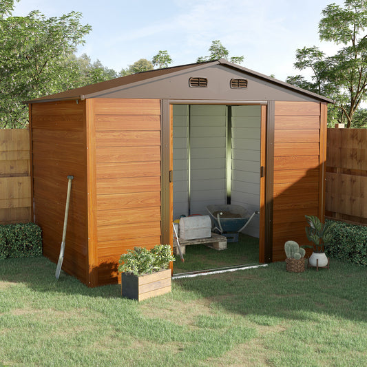 outsunny-9-x-6-5-ft-metal-garden-storage-shed-apex-store-for-gardening-tool-with-foundation-and-ventilation-brown-with-wood-grain