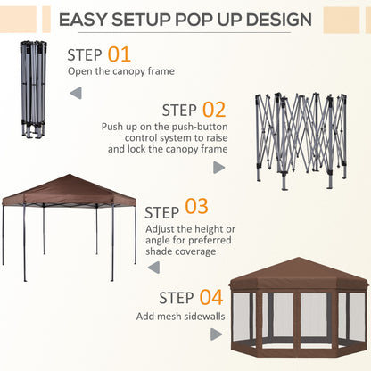 outsunny-3x3-5m-hexagonal-pop-up-gazebo-party-canopy-height-adjustable-tent-sun-shelter-w-mosquito-netting-zipped-door-brown