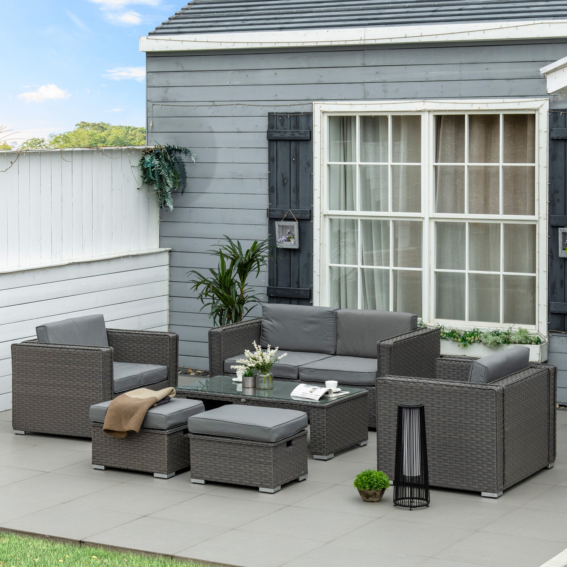 outsunny-6pc-garden-rattan-sofa-set-outdoor-furniture-patio-table-loveseat-stool-lounging-ottoman-aluminium-frame-wicker-weave-conservatory-grey