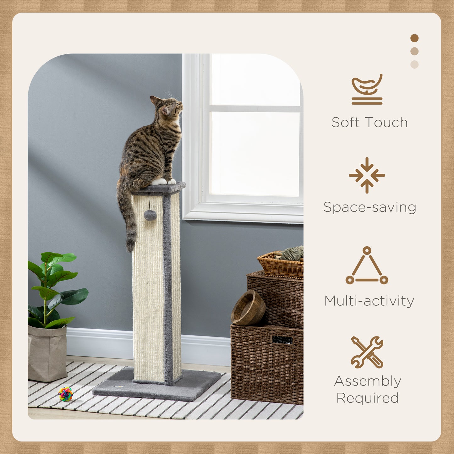 PawHut 81cm Cat Scratcher, Vertical Full Scratcher with Natural Sisal Rope, Hanging Ball and Soft Plush, Grey