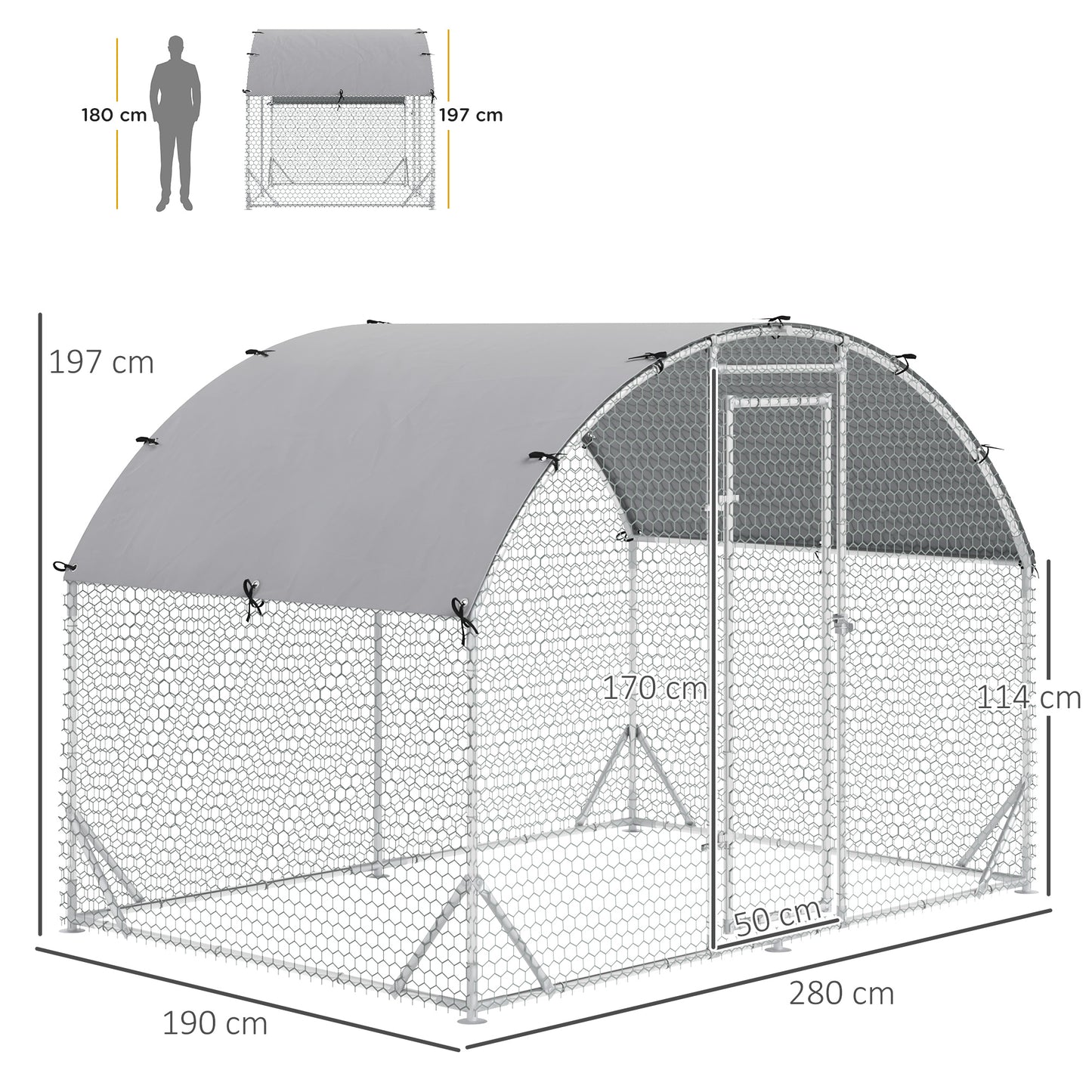 PawHut Chicken Run Coop, Galvanized Walk In Chicken House, Hen Poultry House Cage, Rabbit Hutch Playpen w/ Water-Resist Cover Outdoor, 2.8 x 1.9 x 2m