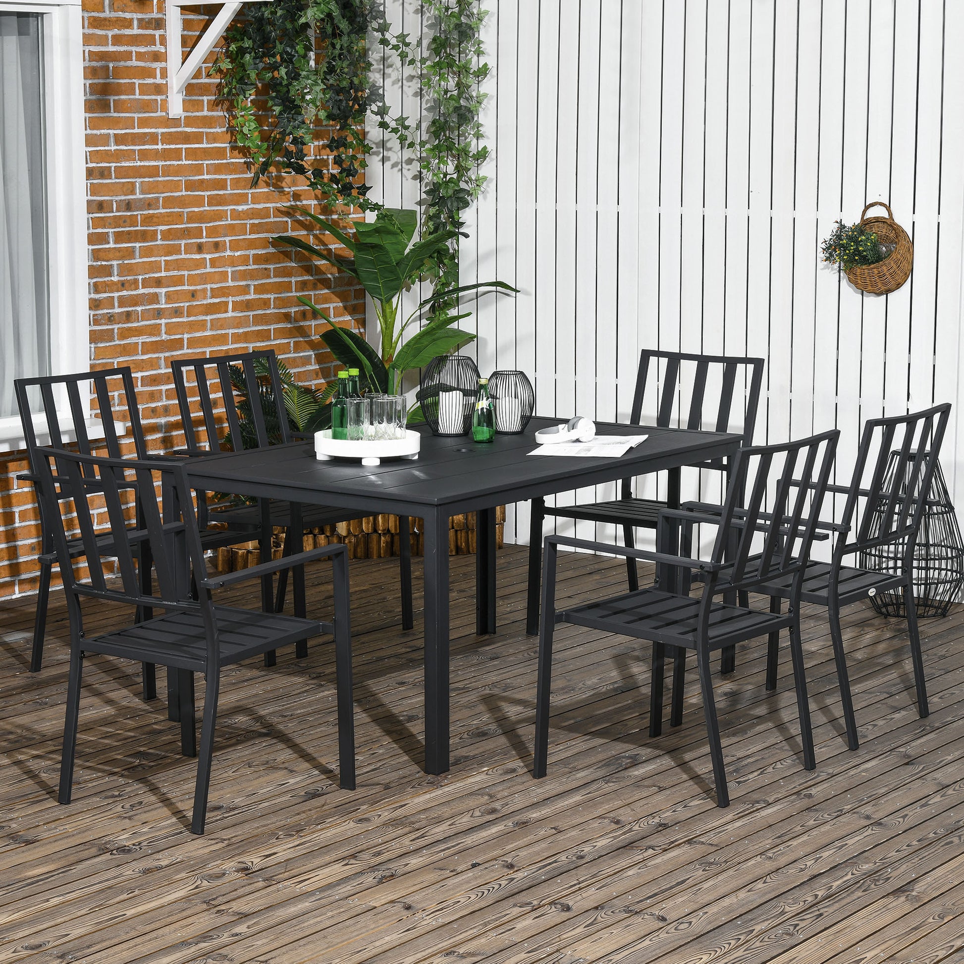 outsunny-7-pieces-garden-dining-set-outdoor-table-and-6-stackable-chairs-metal-top-table-with-umbrella-hole-black