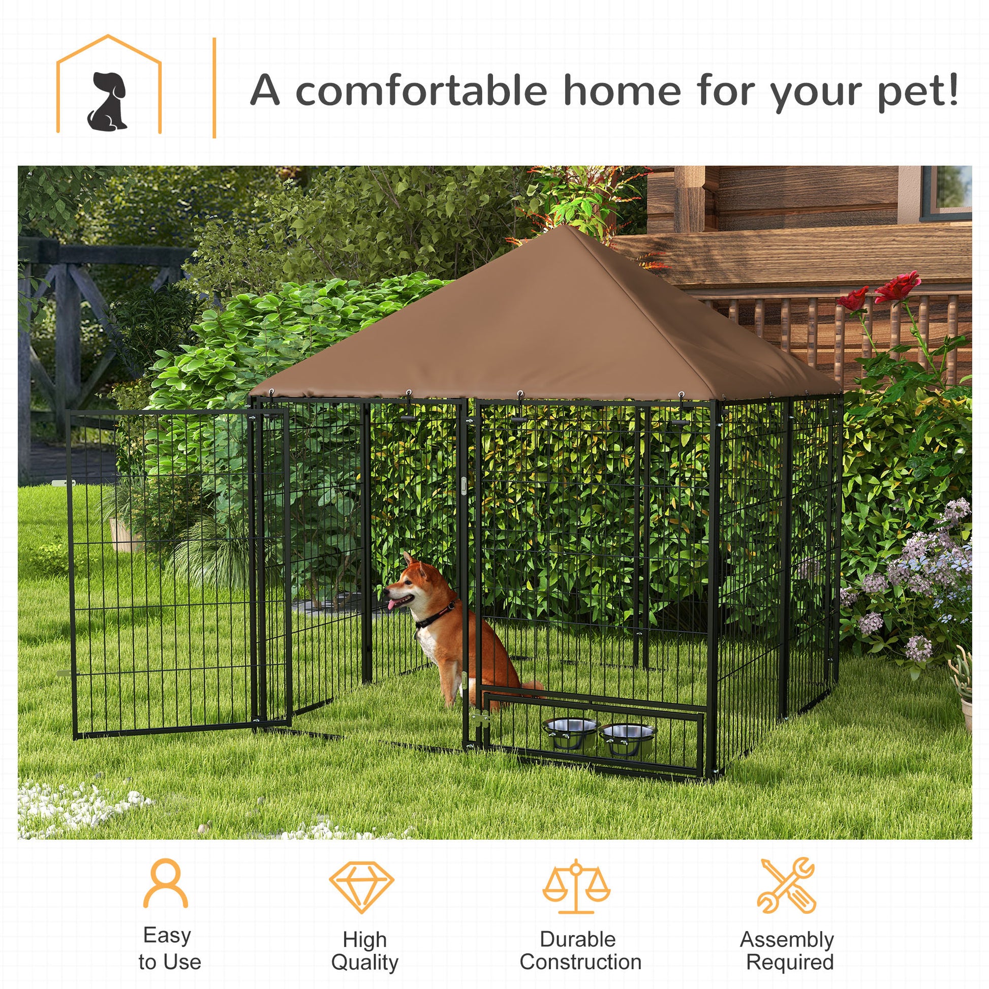 PawHut Outdoor Dog House Kennel with Water-resistant Roof Lockable Mesh Metal Cage Steel Fence, 141 x 141 x 121 cm