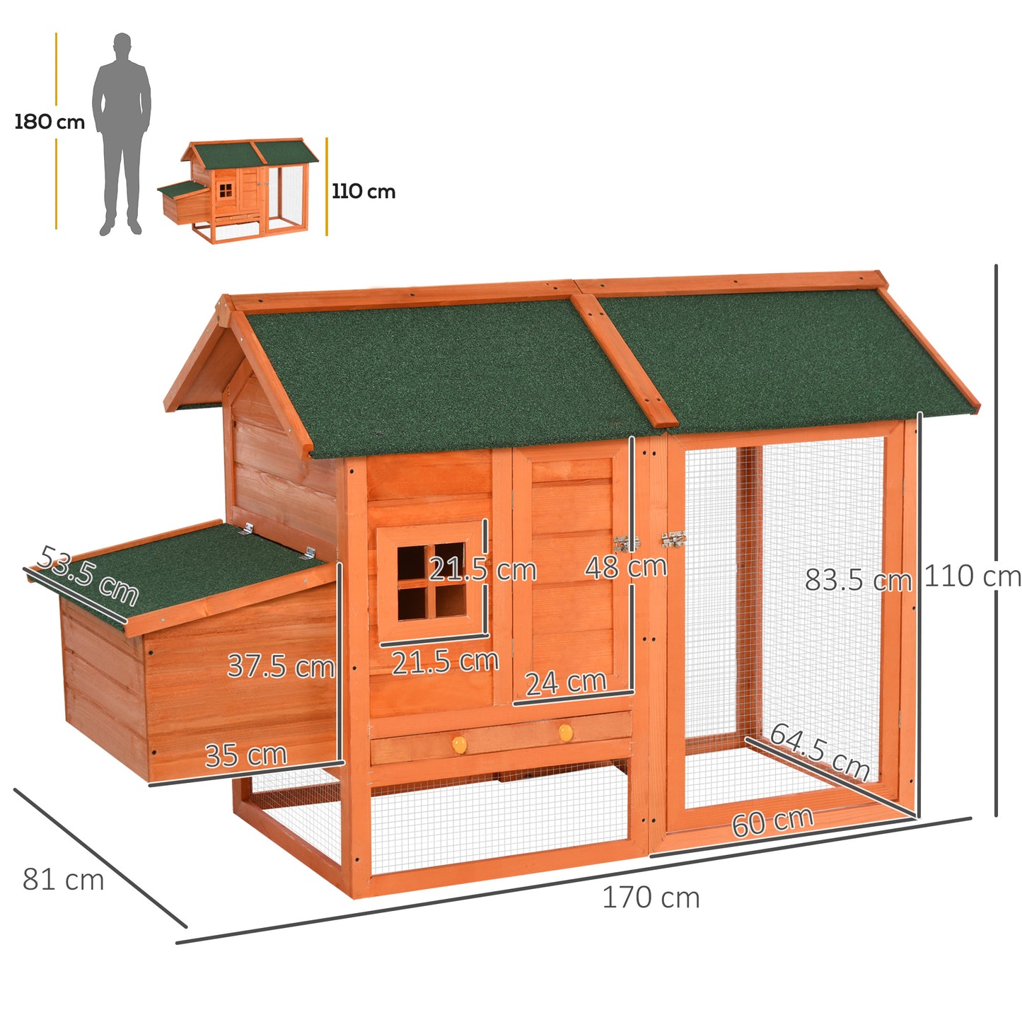 PawHut 170cm Deluxe Chicken Coop Small Animal Habitat Hen House W/ Resting Nesting Box Removable Tray Waterproof Roof Lockable Door Orange