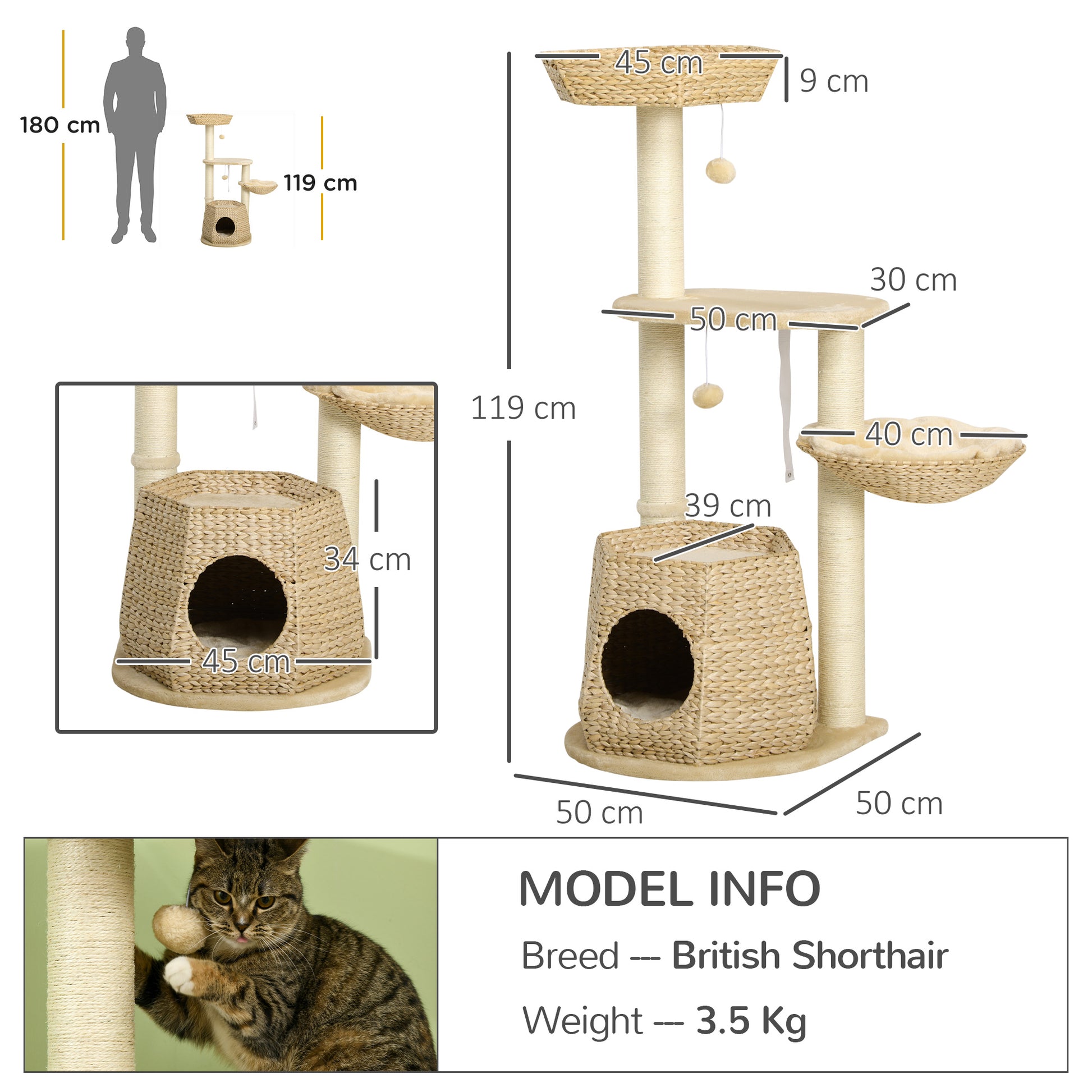 PawHut Cat Tree Tower, Climbing Activity Centre, Kitten Furniture w/ Cattail, Bed, House, Sisal Post, Hanging Ball, Natural Tone