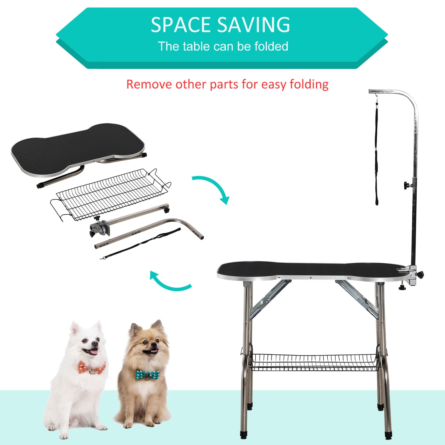 PawHut Foldable Pet Grooming Table Dog Drying Table with Adjustable Arm Non-Slip Rubber Tabletop Aluminium Alloy Edge Stainless Steel Bar Sling Black