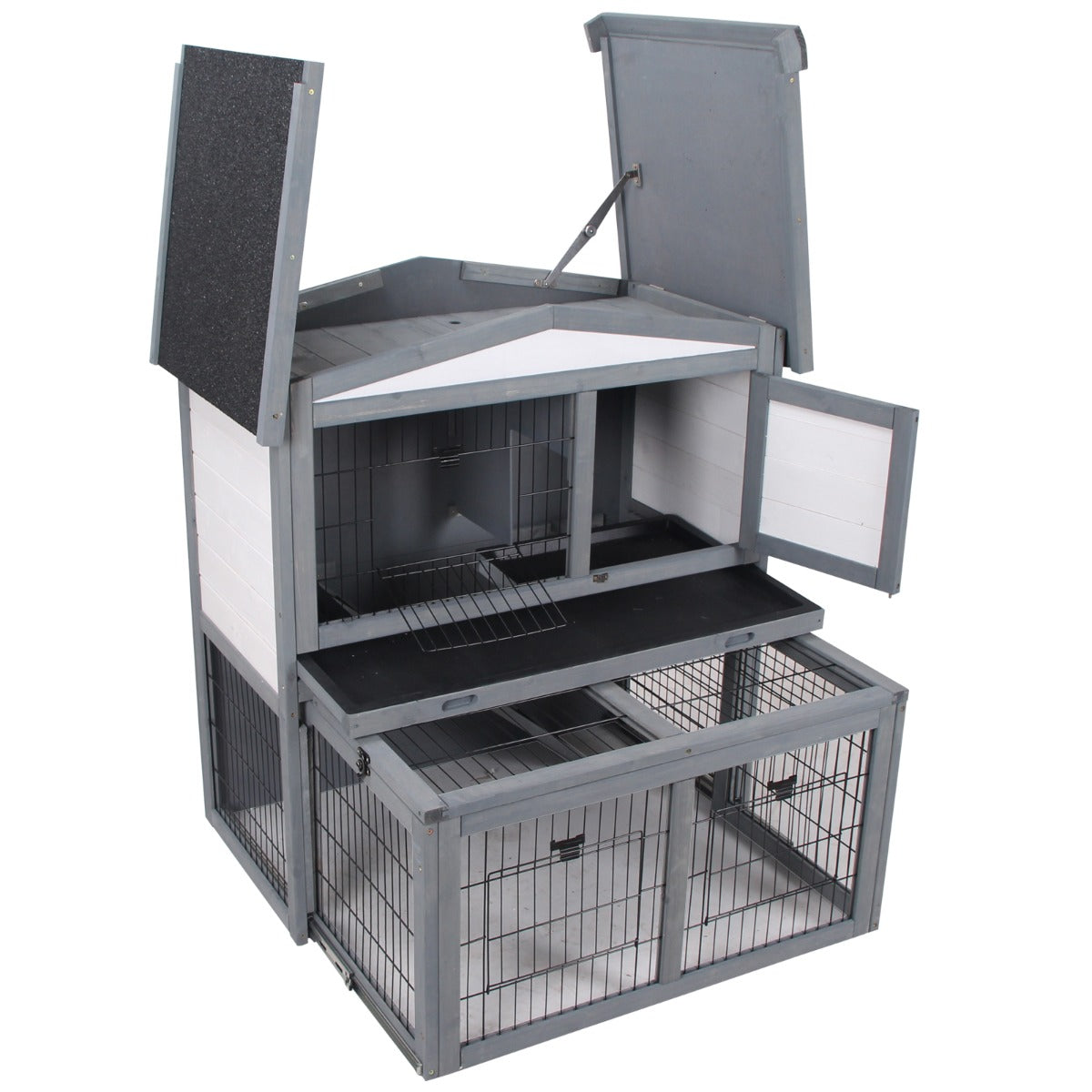 PawHut Rabbits 2-Tier Fur Wood Outdoor Hutch Grey