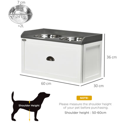 PawHut Stainless Steel Raised Dog Bowls with 21L Storage Drawer for Large Dogs and Cats - White