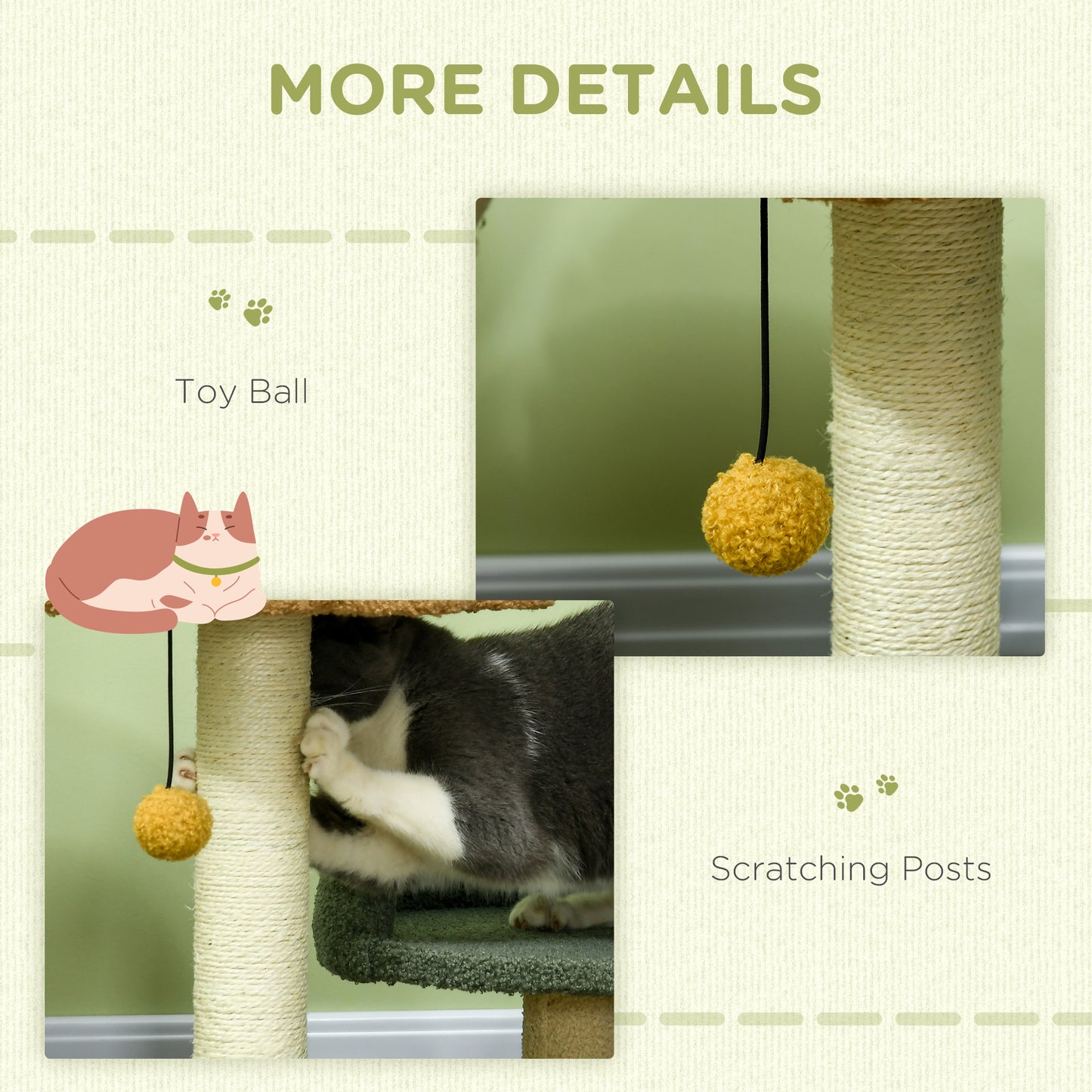 PawHut Small Cat Tree for Indoor Cats, Scratching Posts with 2 Beds, Toy Ball, 43 x 39 x 52cm