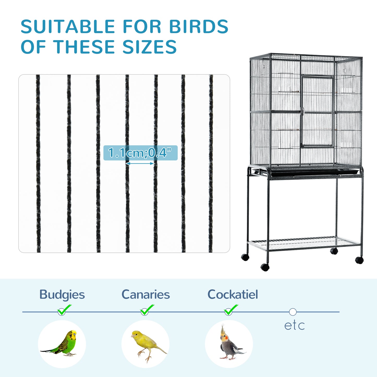 PawHut Bird Cage Metal Canary Cages for Parakeet with Detachable Rolling Stand, Storage Shelf, Wood Perch, Food Container