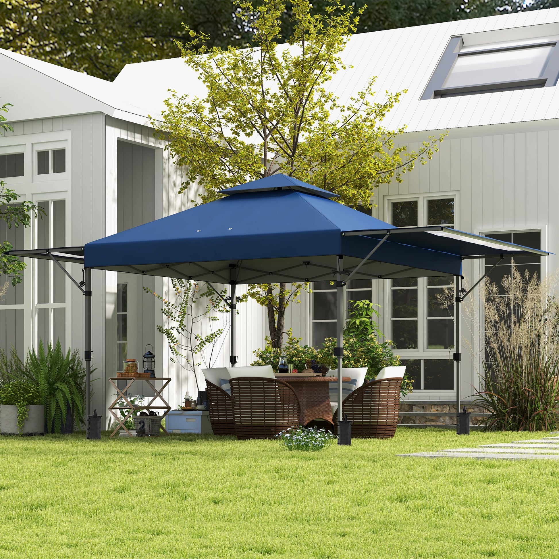 outsunny-5-x-3m-pop-up-gazebo-with-extend-dual-awnings-1-person-easy-up-marquee-party-tent-with-1-button-push-double-roof-wheeled-bag-sandbags-height-adjustable-instant-shelter-blue