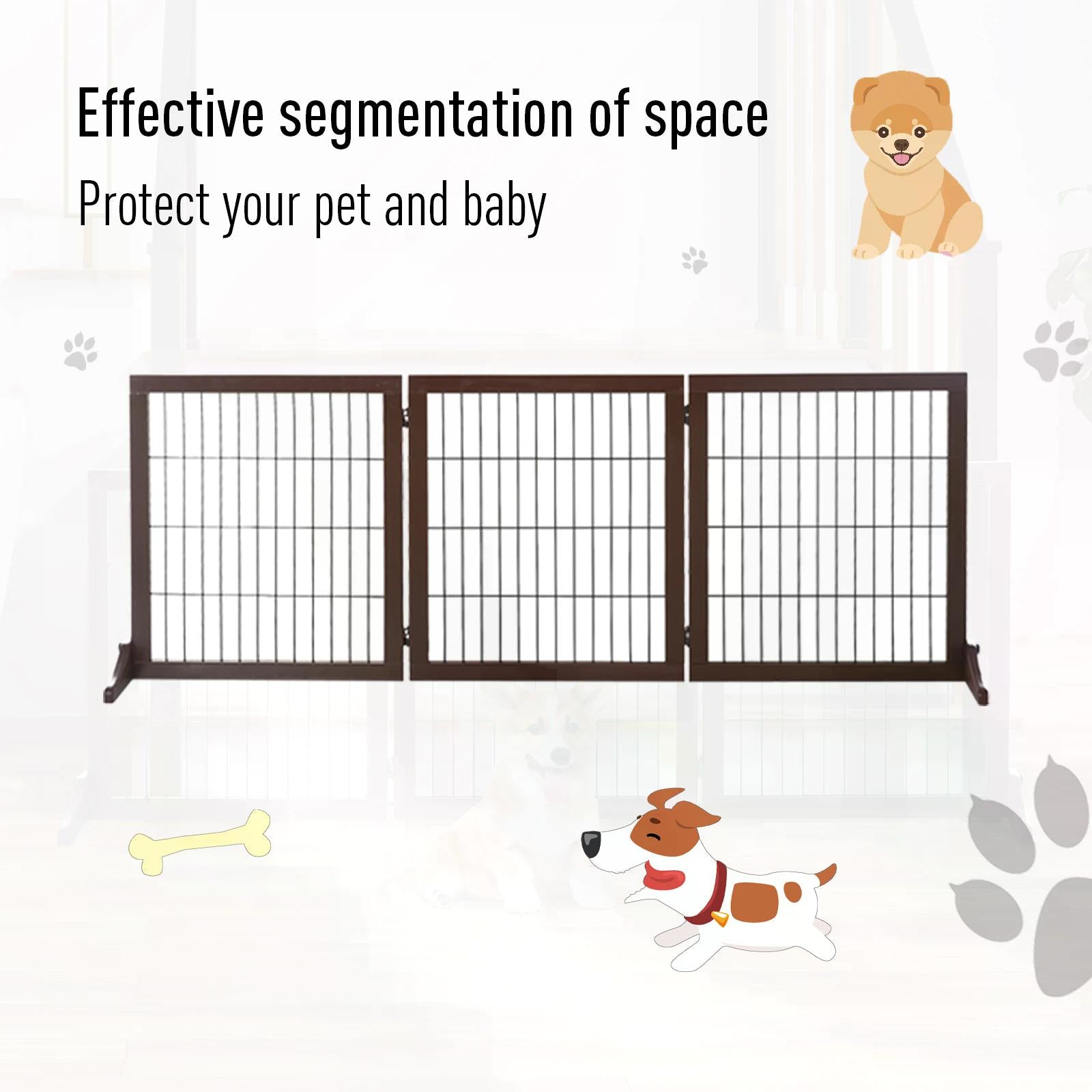 PawHut 3 Panel Pet Gate Pine Frame Indoor Foldable Dog Barrier w/Supporting Foot Dividing Line Aisles Stairs