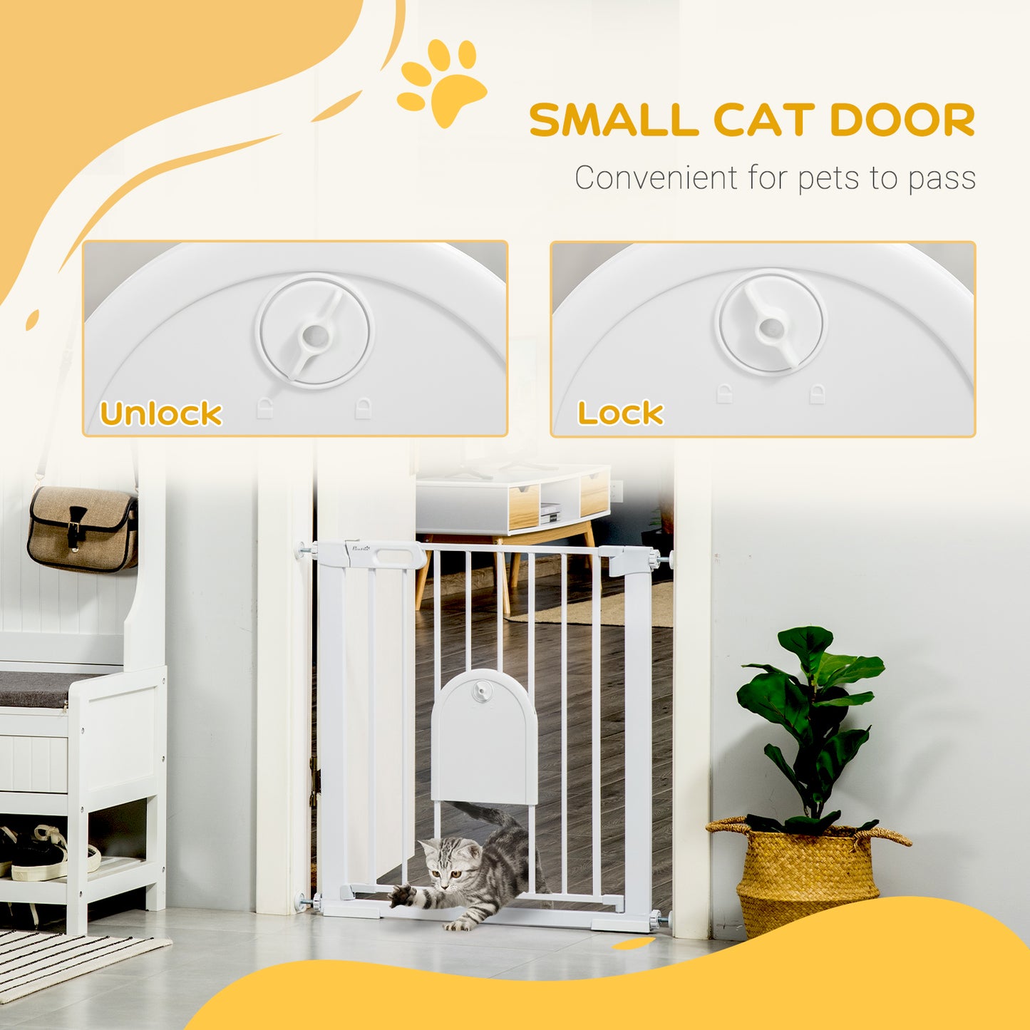 PawHut 75-82cm Pet Safety Gate with Double Locking, Pressure Fit Stair with Cat Flat for Doorways, Hallways, White