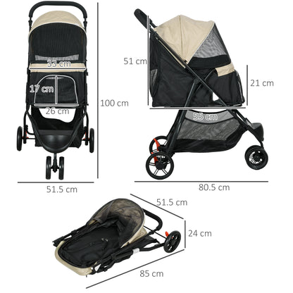 PawHut Foldable Pet Stroller with Rain Cover for XS and S-Sized Dogs Khaki