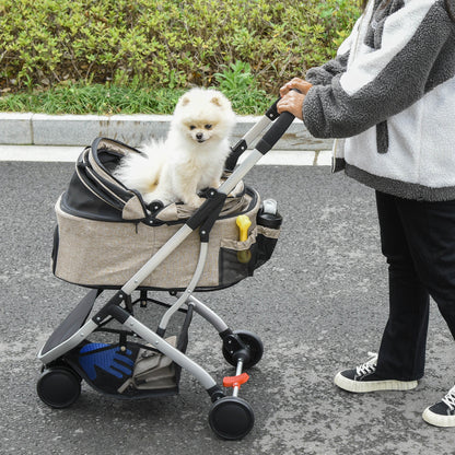 PawHut Pet Stroller Detachable Dog Pushchair 2-In-1 Foldable Cat Travel Carriage w/ Carrying Bag for XS Pets, Light Brown