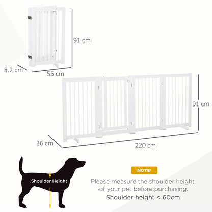 PawHut Wooden Freestanding Pet Gate 4 Panels 91cm Foldable Dog Safety Fence with 2 Support Feet Walk-through Door for Doorway Stairs White