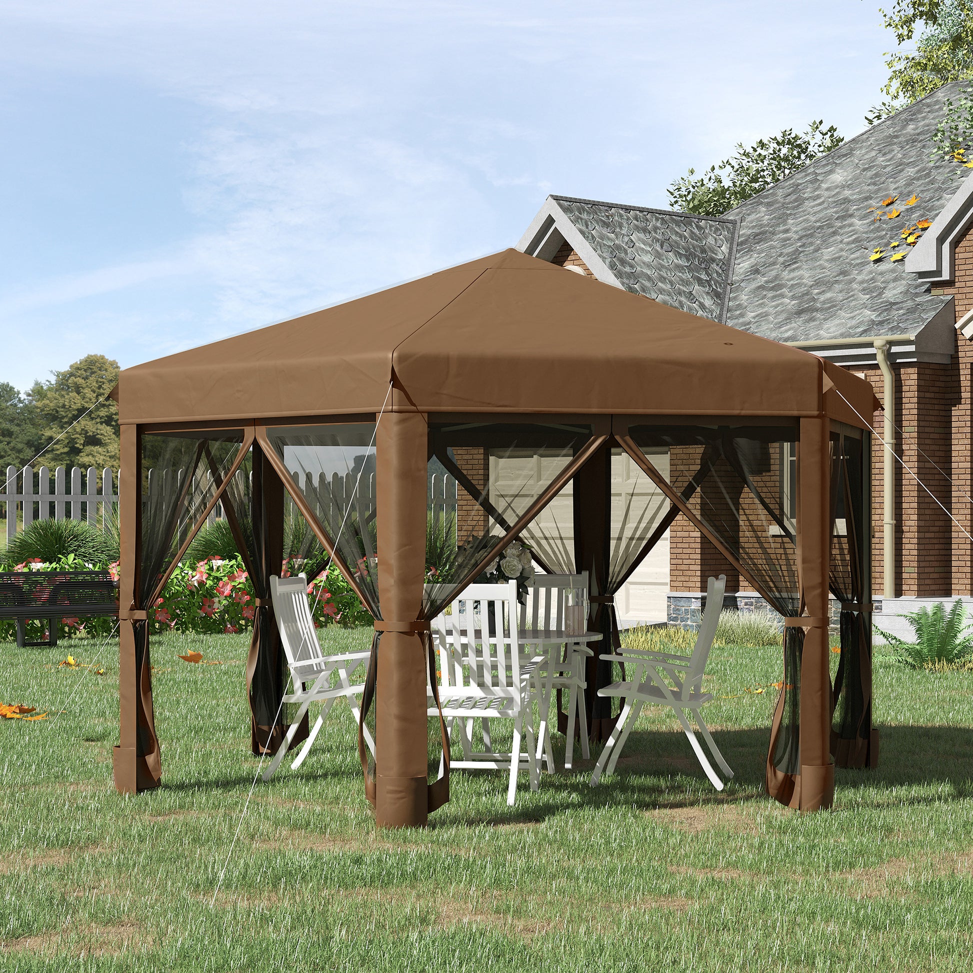 outsunny-3-2m-pop-up-gazebo-hexagonal-canopy-tent-outdoor-sun-protection-with-mesh-sidewalls-handy-bag-brown