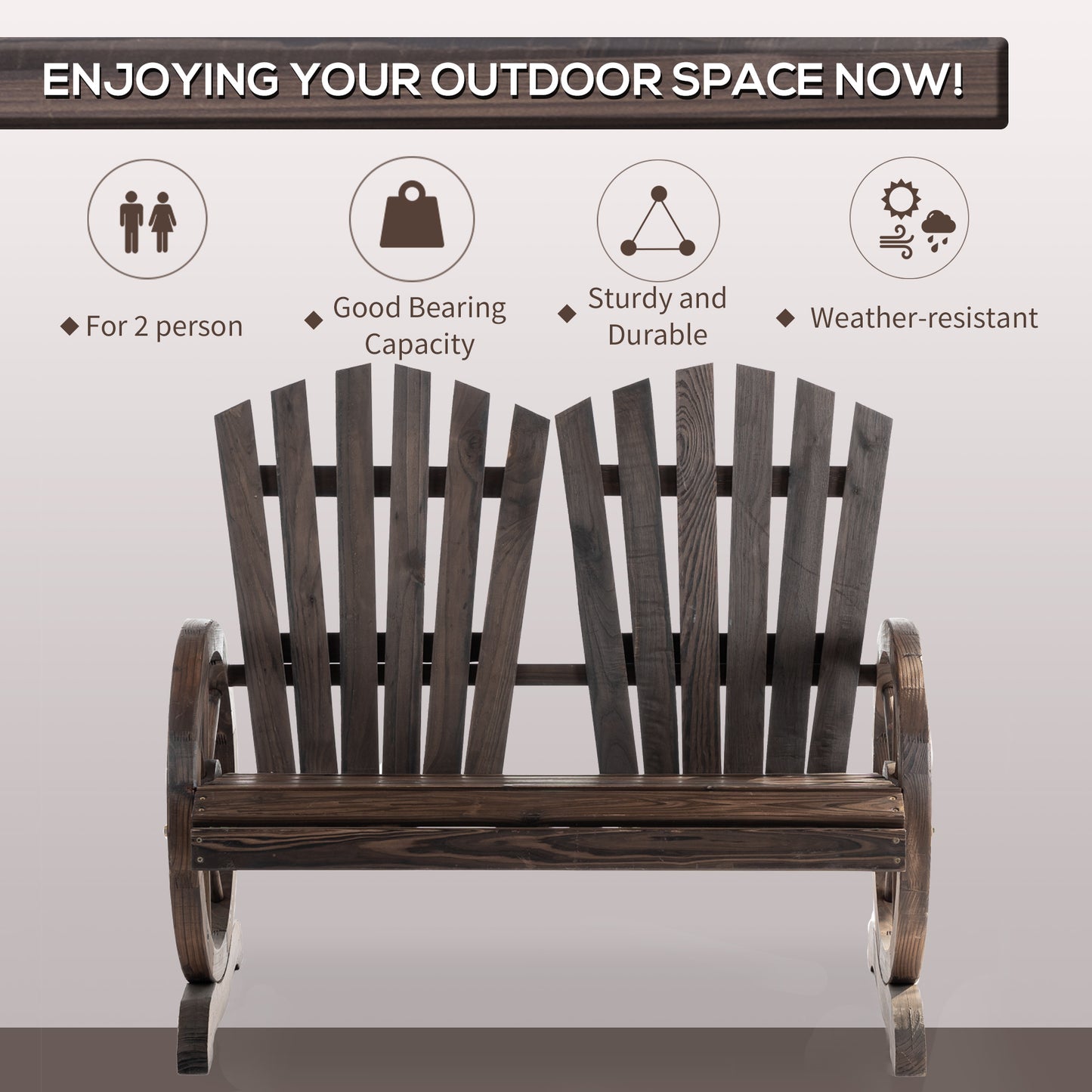 outsunny-2-seater-garden-bench-comfortable-fir-logs-love-chair-with-wheel-shaped-armrests-outdoor-adirondack-wooden-loveseats-carbonized-colour