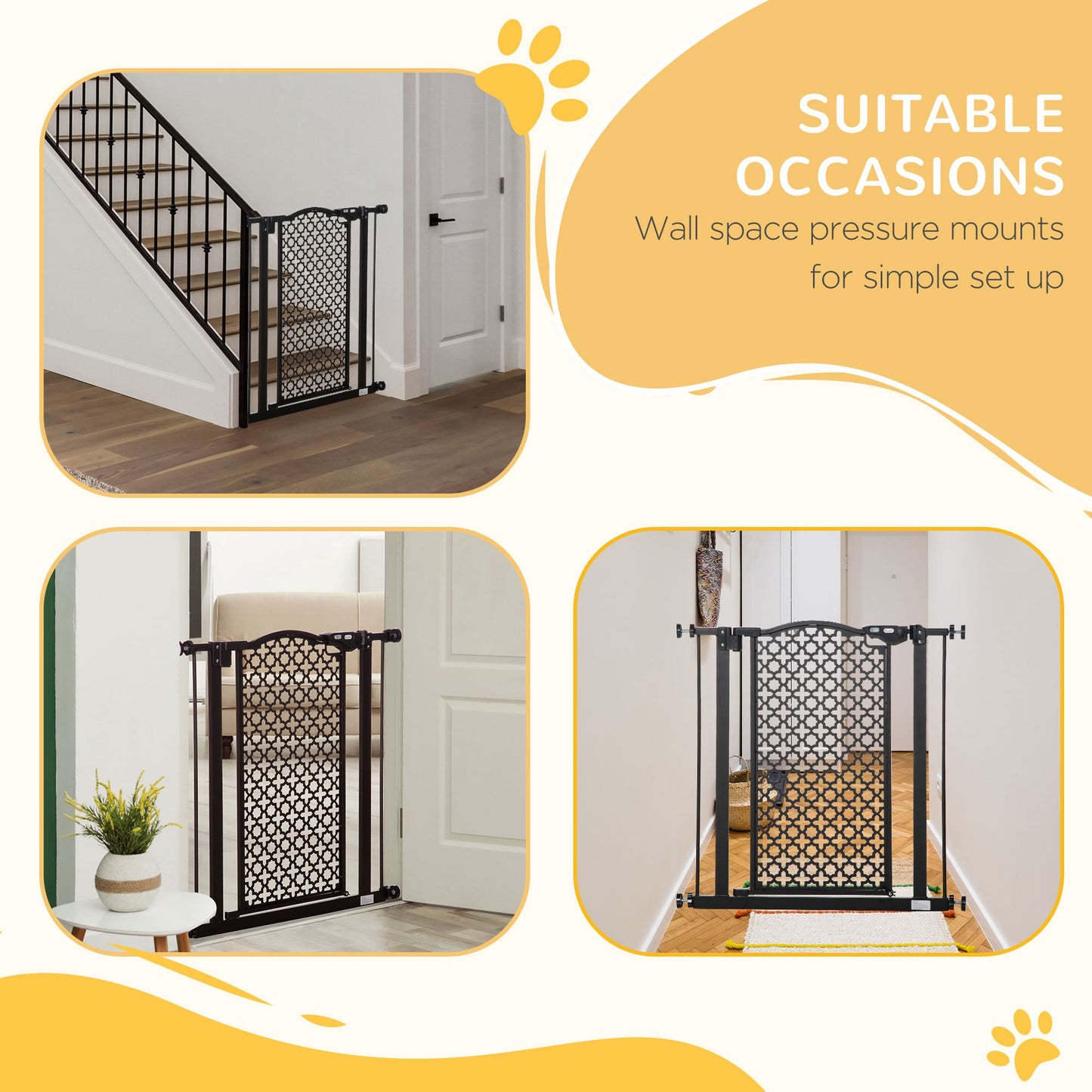 PawHut 74-80 cm Pet Safety Gate Barrier Stair Pressure Fit with Auto Close and Double Locking for Doorways, Hallways, Black